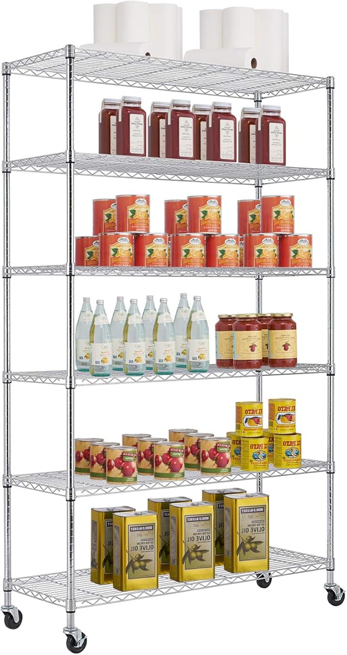 48" D×18" W×82" H Wire Shelving Unit Metal Shelf with 6 Tier Casters Adjustable Layer Rack Strong Steel for Commercial Restaurant Garage Pantry Kitchen Garage，Chrome