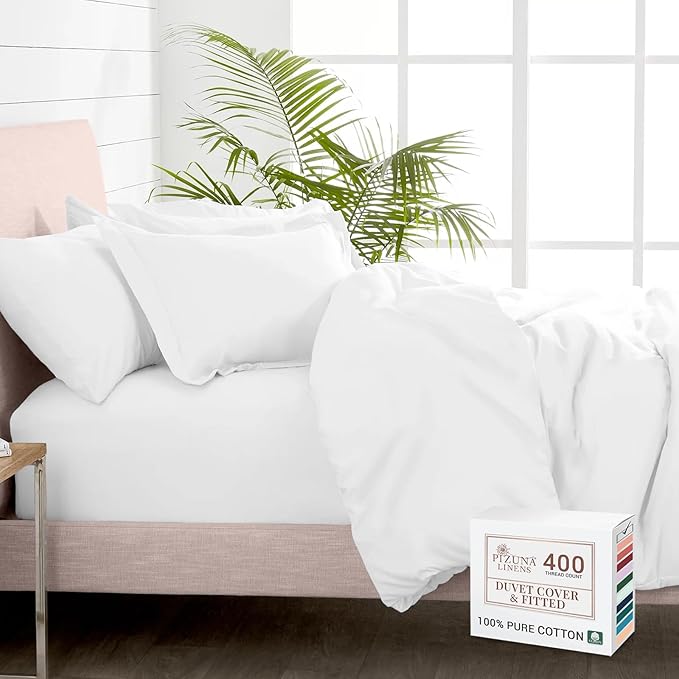 Pizuna 100% Cotton King 3 Pc Duvet Cover + 1 Pc Fitted Sheet Set 400 Thread Count White Sateen Weave Luxurious Long Staple Cotton 4 Piece Bedding Set - 1 Duvet Cover, 2 Pillow Shams, 1 Fitted Sheet