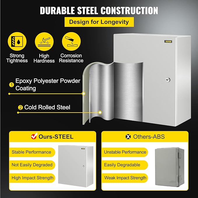 VEVOR NEMA Steel Enclosure, 20 x 16 x 10'' NEMA 4X Steel Electrical Box, IP66 Waterproof & Dustproof, Outdoor/Indoor Electrical Junction Box, with Mounting Plate