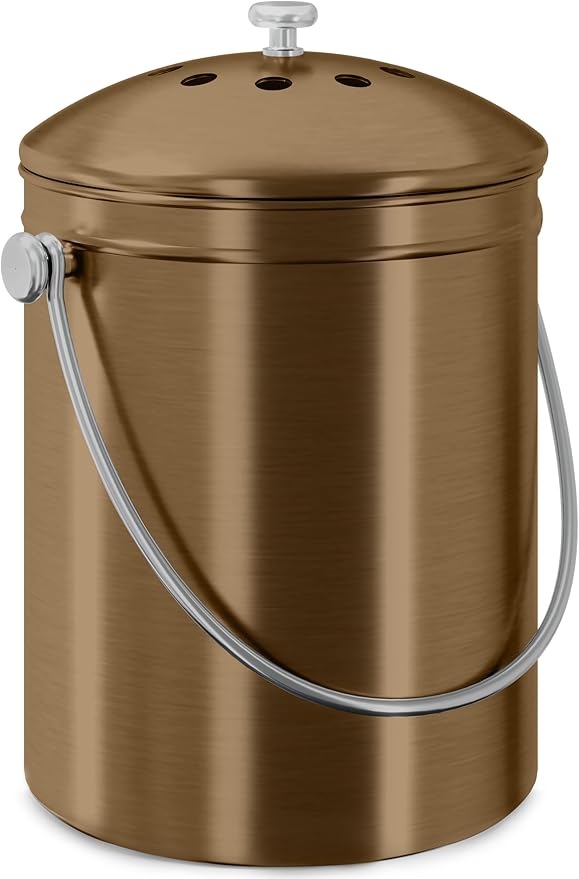 Utopia Kitchen Compost Bin for Kitchen Countertop, 1.3 Gallon Compost Bucket for Kitchen with Lid, Includes 1 Spare Charcoal Filter (Bronze)