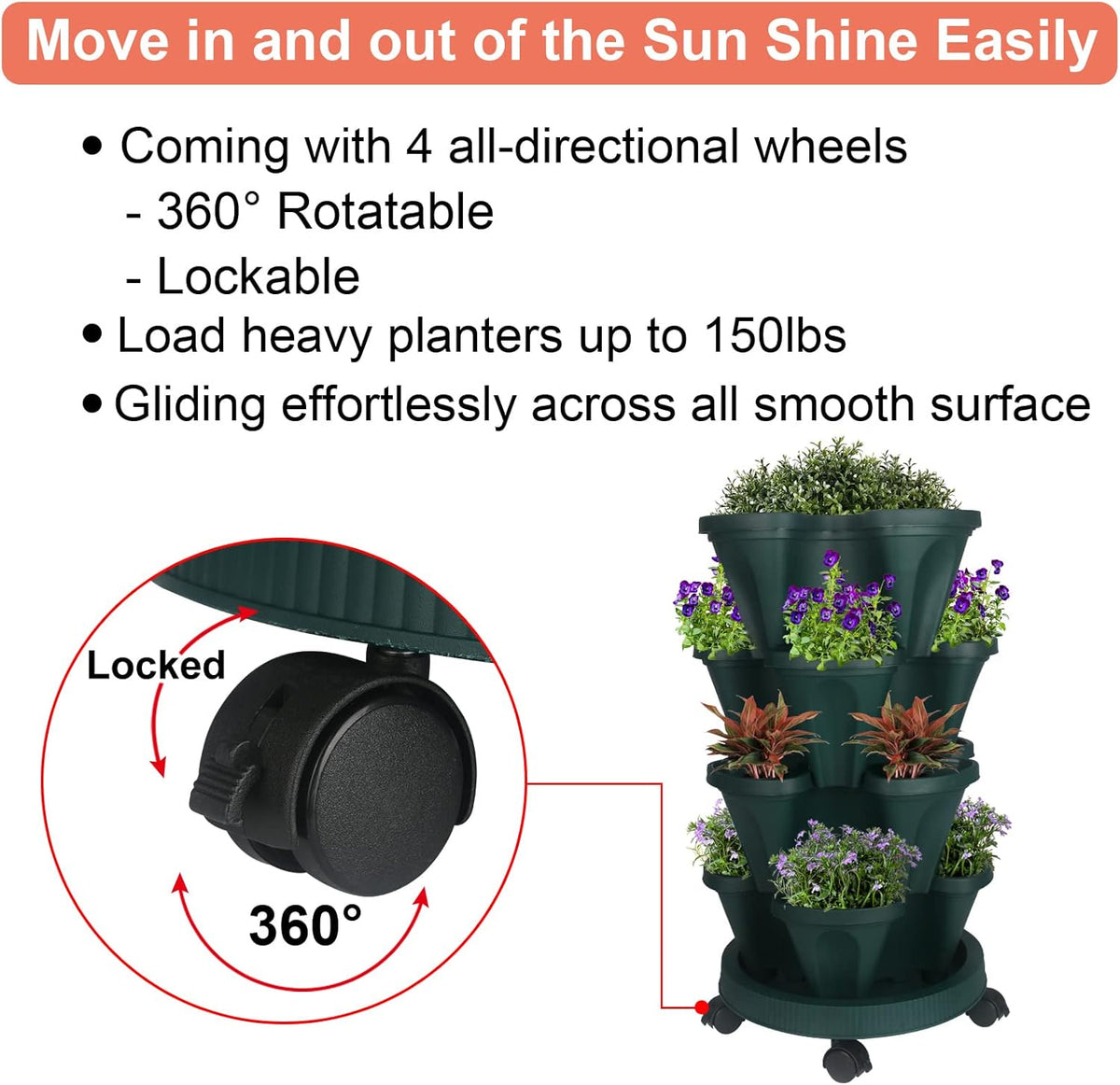 Vertical Planter 4 Tier Stackable Planters Garden Planters Strawberry Herb Flower and Vegetable Planter Indoor Outdoor Gardening Pots with Removable Wheels and Tools