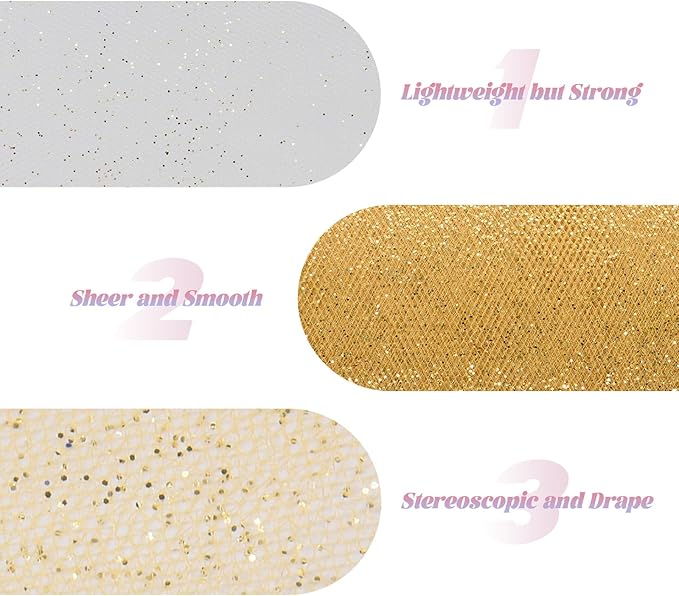 Glitter Tulle Rolls 6” by 50 Yards Sparkle Tulle Fabric Ribbon Sequin Tulle Netting Rolls for DIY Tutu Skirt Wedding Birthday Party Decoration (Gold)