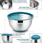 P&P CHEF Mixing Bowls with Lids Set of 5, Stainless Steel Nesting Salad Bowl with Lid & Base for Non-slip Mixing Prepping Storing Serving, 5 Sizes-7/3.5/2.5/1.5/1 QT, Blue