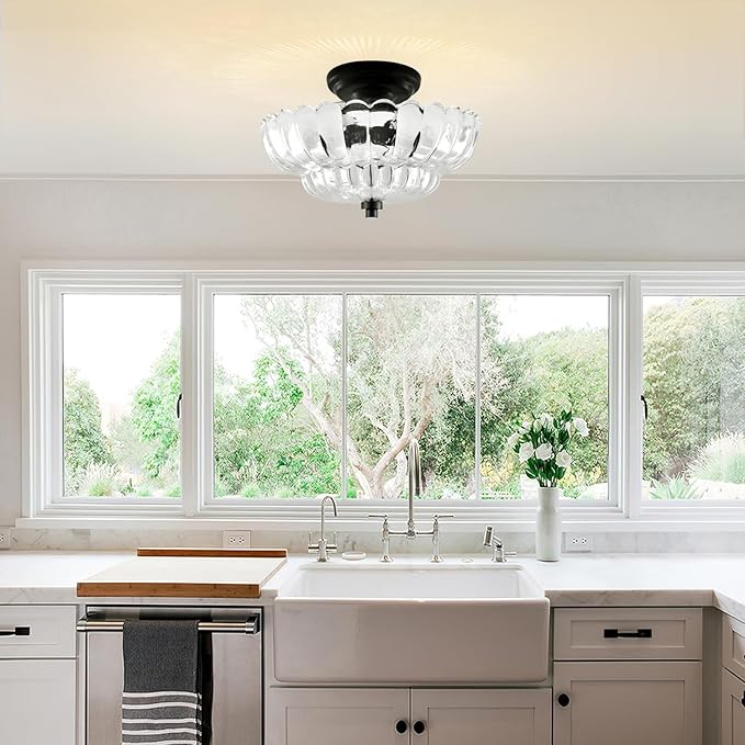 Ceiling Lights Semi Flush Mount Ceiling Light, Modern Black Ceiling Light with White Glass,Ceiling Lights Fixture Suitable for Bedroom Dining Room Kitchen Living Room(Excluding Free Bulbs)