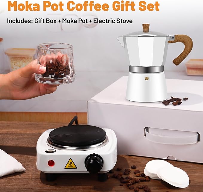 2-in-1 Aluminum Moka Pot Set with Electric Stove Classic Stovetop Espresso Coffee Maker 150ml 5oz Mocha Express Portable Camping Travel Preferred Cafe Makers Italian Cuban Café Brewing 3 Cup