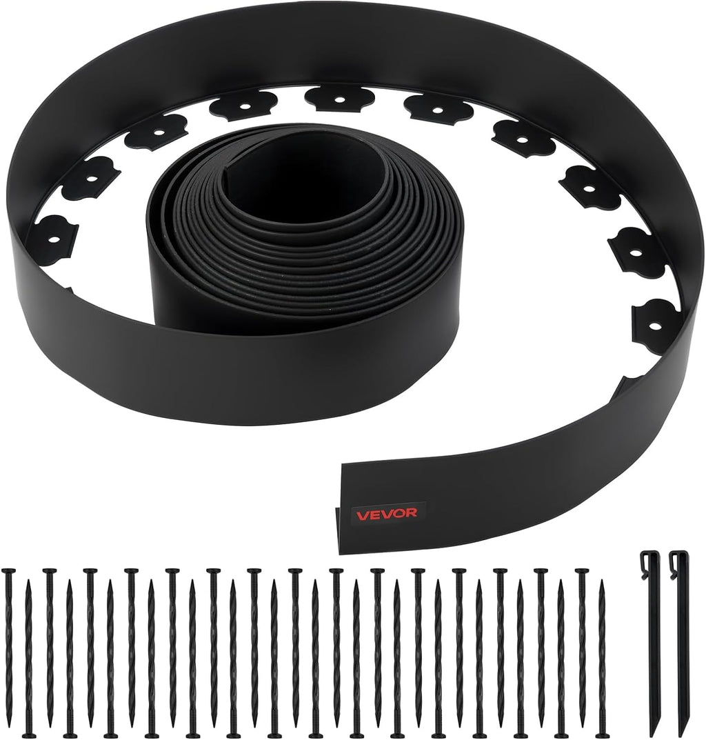 VEVOR Landscape Edging, 33 ft x 4 in Plastic Garden Border Edging with 30 Spikes & 2 Ground Stakes, No Dig, Flexible Lawn Edgings Roll, UV-Resistant Mini Fence Borders for Flower Beds Yard Paver