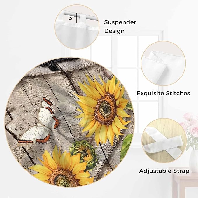 Farmhouse Sunflowers Bedroom Curtains 72 Inch Length, Window Curtains Tab Top, Rustic Barn Doors Flowers Butterfly Wooden Light Filtering Window Treatments Drapes 52"x72" 2 Panel