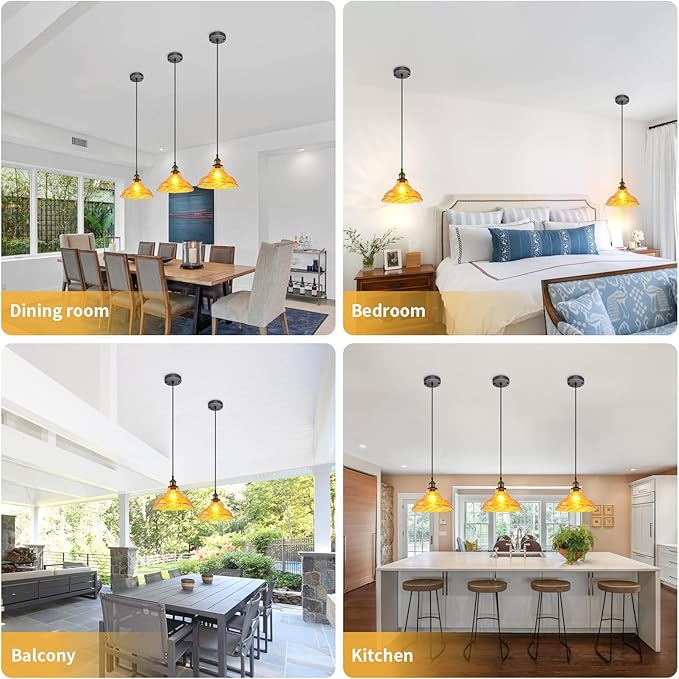 Kitchen Island Pendant Lights, Farmhouse Vintage Pendant Lighting 11.02" Small Nordic Amber Glass Hanging Pendant Lighting Fixtures Over Dining Room Table for Bedroom,Bar,Restaurant,E26