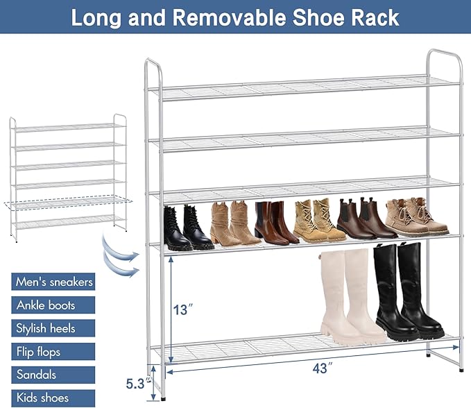 KEETDY Long 6 Tier Shoe Rack Organizer Tall Metal Shoe Organizer for Entryway Bedroom Floor Garage, Wide Shoe Shelf Storage Fits 42 Pairs Men Sneakers, Gray