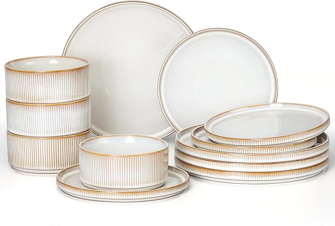 E-far 12-Piece Plates and Bowls Sets, Stoneware Dinnerware Dishes Sets for 4, Kitchen Modern Dining Dishware, Chip & Scratch Resistant, Microwave & Dishwasher Safe, Creamy Beige