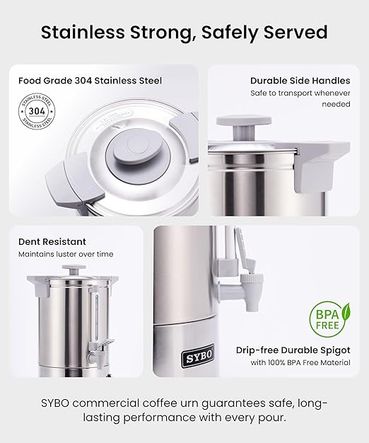 SYBO SR-CP100BG Commercial Coffee Urn & Hot Beverage Dispenser, Fast Brew, Keeps Warm – Ideal for Coffee, Tea, Water at Events & Catering, 100-Cup 16 L, Grey