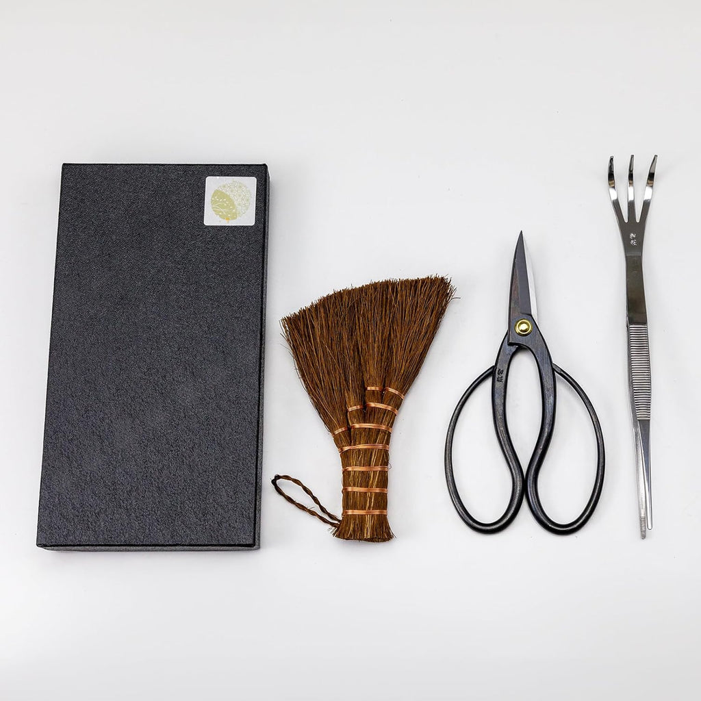 Wazakura Japanese Bonsai Garden 3PCS Tool Starter Kit, Made in Japan, Traditional Bonsai Scissors, Stainless Tweezers with Rake, Chinese Broom. Beginner Set wit Tweezers, Shears and Brush