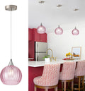Brushed Nickel Pendant Lights Kitchen Island, Globe Pendant Light Fixtures with 8 Inch Clear Glass Shade, Modern Hanging Light Fixtures for Kitchen, Bedroom (1 Pack - Pink Glass Pendant Light)