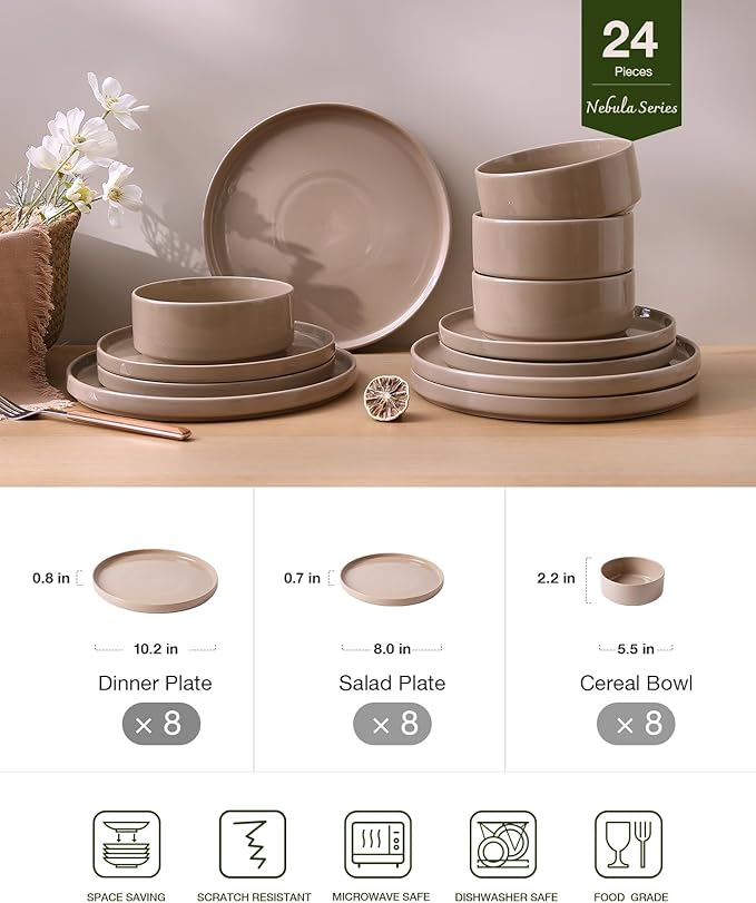 Famiware Nebula Plates and Bowls Set, 24 Pieces Dinnerware Sets, Dishes Set for 8, Cinnamon Brown