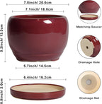 SQOWL Ceramic Planter - 8 Inch Plant Pot with Drainage Hole and Saucer, Round Planter for Indoor Outdoor Plants, Modern Decorative Flower Pots, Home Decor, Plant Lover Gifts, Red