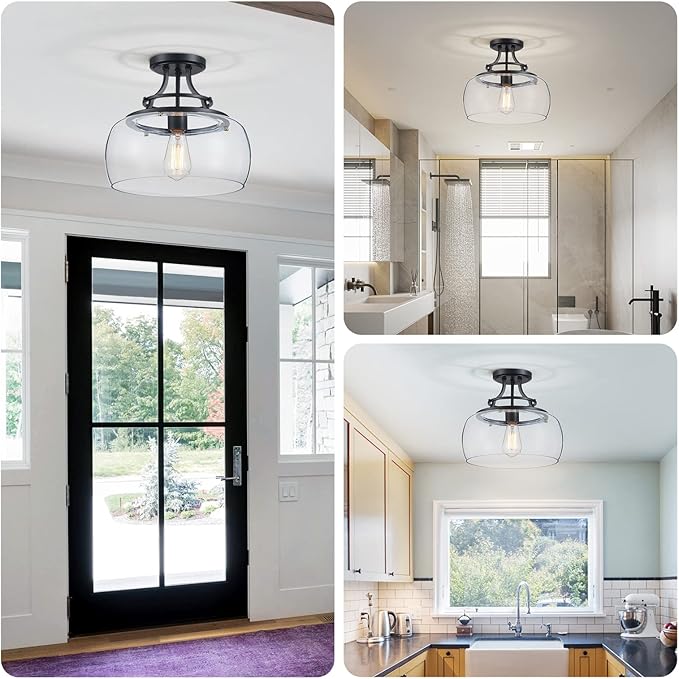 WUZUPS Chandelier Rustic Farmhouse Industrial Round Semi-flushmount Ceiling LED Light Fixture with Clear Glass Shades for Bathroom Kitchen Foyer Entryway, H 11.8" x W 13.4", E26 Base, Black