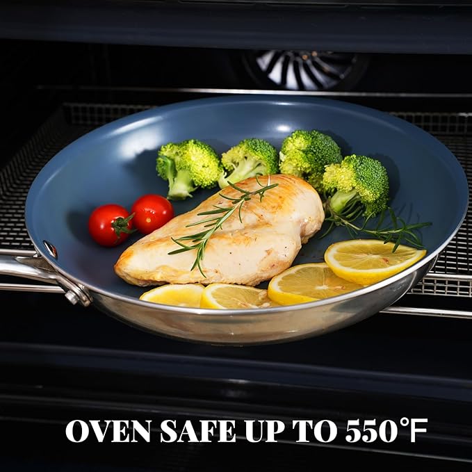 Stainless Steel Non Stick Frying Pan,10 Inch Healthy Non Toxic Ceramic Coating Cookware with Lid,Works on Induction, Electric Stove and Gas Cooktops,PTFE PFAS PFOA Free Skillet,Dishwasher&Oven Safe
