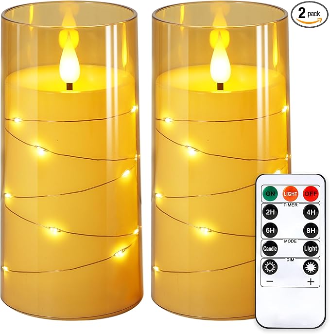 NURADA 3"x6"Flickering Flameless Candles: Built-in Star String Lights Acrylic Battery Operated LED Pillar Candles with Remote and Timer for Romantic Mood Home Decoration - 2 Pack Gold