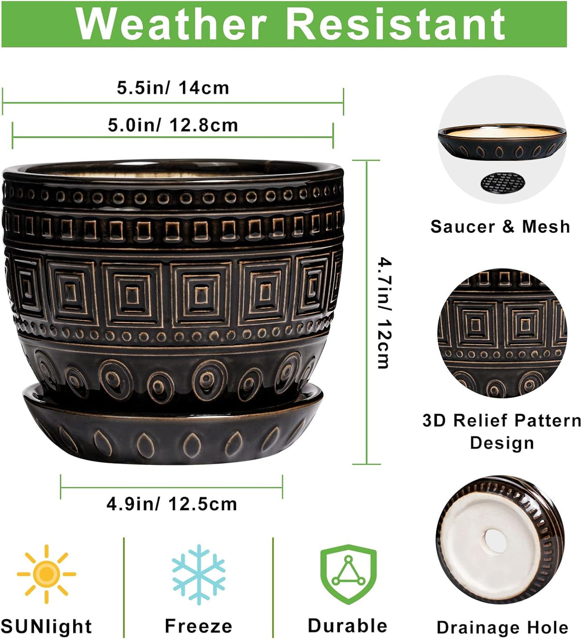 G EPGardening Ceramic Plant Pot - 5.5 Inch Ceramic Planter for Indoor Plants, Boho Round Indoor Flower Pot with Drainage Hole and Saucer, Plant Lover Gifts, Garden Home Room Decor, Black