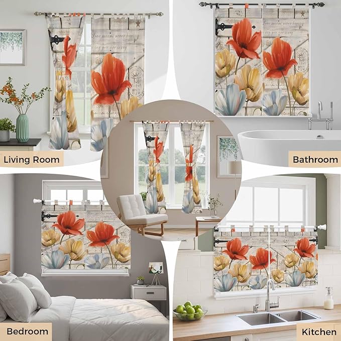 Retro Floral Living Room Curtains 84 Inch Length, Window Curtains Tab Top, Red Yellow Tulips Barm Doors Farmhouse Wooden Light Filtering Window Treatments Drapes 42"x84" 2 Panel