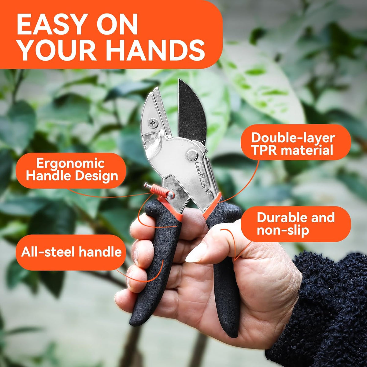 8" Professional Heavy Duty Anvil Pruning Shears with Anti-Rust SK-5 Blades, Garden Shears for Dry Stems and Small Branches, Gardening Scissors, Clippers for Wood, Non-Slip Handle. | LFXP1108S