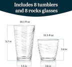 Libbey Orbita Tumbler and Rock Glass Set, Durable, Chip-Resistant Glass Cups Set with Wave Pattern, Glasses Drinking Set of 16 for Any Occasion