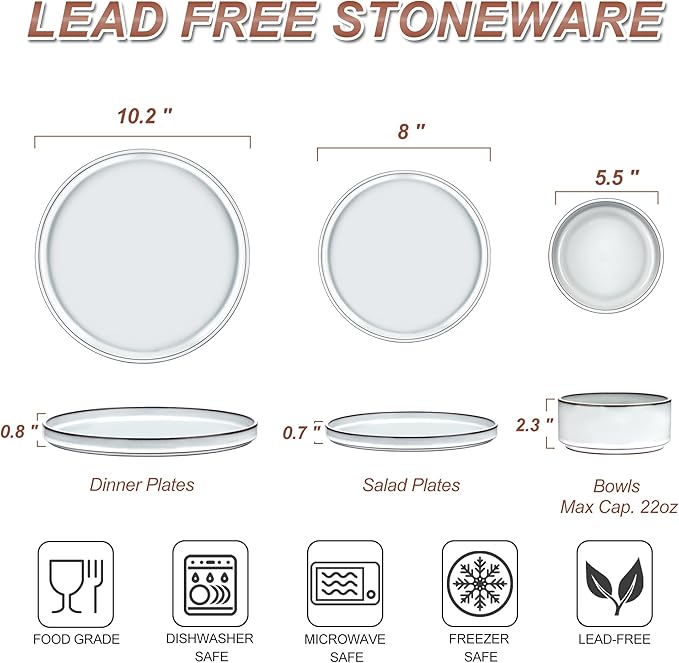 LIANYU Stoneware Dinnerware Dishes Sets for 4, 12 Piece Ceramic Plates and Bowls Dishware Set for Pasta Dessert Cereal, Rustic Terracotta Bottom, Microwave & Dishwasher Safe, Lucent White