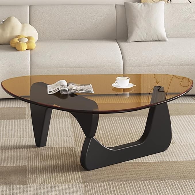 EASYSOUL Modern Glass Coffee Table, 32.68" D x 22.44" W x 15.75" H, Abstract Round Tea Tables for Living Room Home Office Industrial Cocktail Tables (Black-Brown Glass, 32.68")