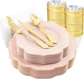 NOCCUR 175PCS Pink Plates with Gold Disposable Silverware - Include 50 Pink Plastic Plates,25 Knives,25 Forks,25 Spoons,25 Cups and 25 Napkins - Ideal for Wedding/Party