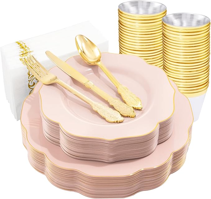 NOCCUR 175PCS Pink Plates with Gold Disposable Silverware - Include 50 Pink Plastic Plates,25 Knives,25 Forks,25 Spoons,25 Cups and 25 Napkins - Ideal for Wedding/Party