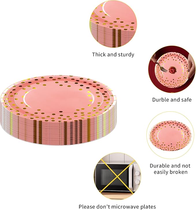 Sveikie160 Pcs Pink And Gold Paper Plates, Birthday Cake Party Plates And Napkins, Wedding Disposable Utensils For Birthday Graduation Wedding And Holiday Celebrations Serves 40 (Pink)