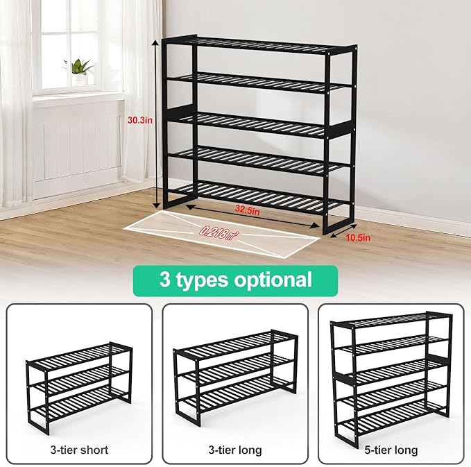 Shoe Rack Bamboo 5 Tier Shoe Organizer, Storage 20-25 Pairs for Closet Entryway, Stackable Large Tall Shoe Shelf Holder Stand Cubby for Door Hallway Bedroom Garage