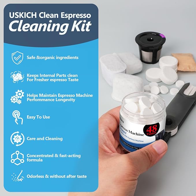 USKICH Coffee Machine Cleaner Descaler Tablets Kit Compatible 12 Espresso Machine Tablet and 1 Reusable Rinse Pods- 48 Cleaning Tablets and 6 Water Filters-3 in 1 Cup Lid Gap Cleaning Brush