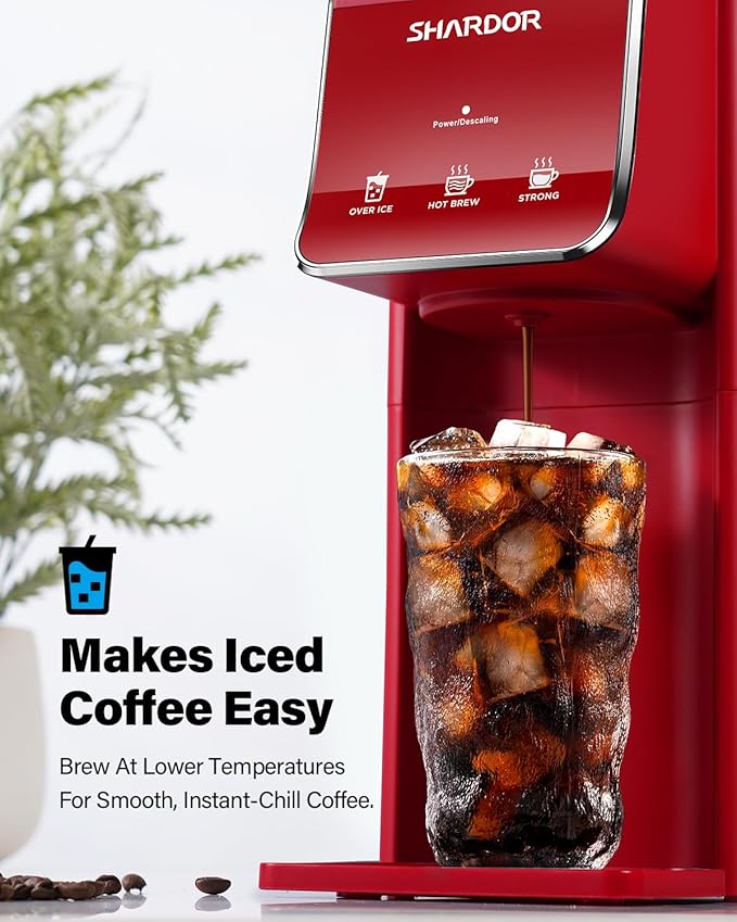 SHARDOR Hot & Iced Coffee Maker, K Cup Coffee Maker Compatible with Ground Coffee, Single Serve Coffee Machine with Bold Setting, Reusable Filter, Travel Mug Friendly, Compact Design, Red