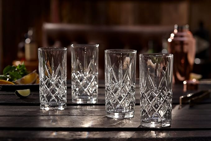 Royalty Art Kinsley Tall Highball Glasses Set of 4, 12 Ounce Cups, Textured Designer Glassware for Drinking Water, Beer, or Soda, Trendy and Elegant Dishware, Dishwasher Safe (Hiball Set Of 4)