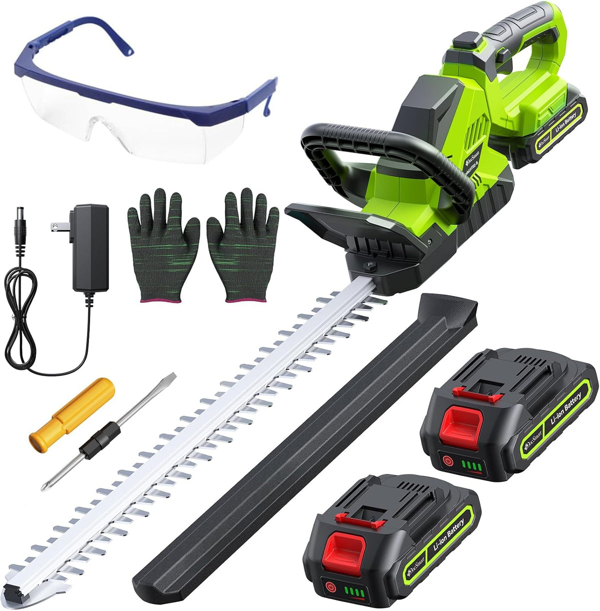 20'' Hedge Trimmer Cordless with Battery, 3000RPM Electric Handheld Bush Clipper with 2pcs 2000mAh Rechargeable Batteries, 180° Rotatable Head, 2/3'' Blade Gap Green