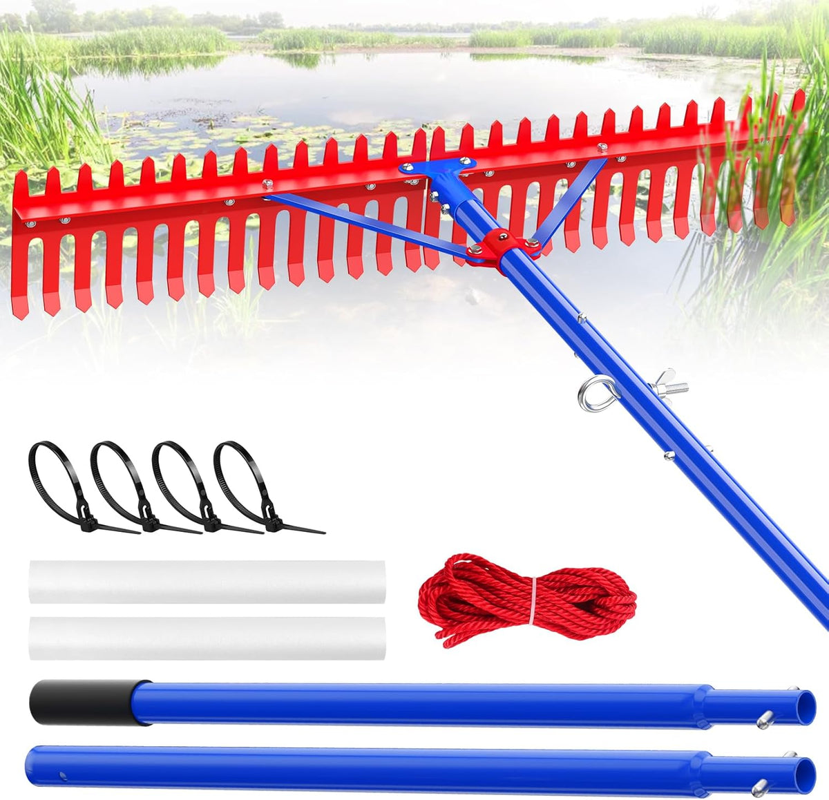 Lake Rake,Pond Rake Aquatic Weed Rakes,Large Heavy Duty Aluminum Aquatic Rakes with 7" Metal Tines 11FT Extension Handle,26FT Rope and Float for Removal of Weeds,Leaves(Patents Pending)