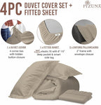 Pizuna 100% Cotton Queen 3 Pc Duvet Cover + 1 Pc Fitted Sheet Set 400 Thread Count Simply Taupe Sateen Weave Luxurious Long Staple Cotton 4 Pc Bedding Set-1 Duvet Cover,2 Pillow Shams,1 Fitted Sheet