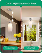EDISHINE Pendant Light Fixture, Handcrafted Art Glass Hanging Light, Hardwired Ceiling Light, White Marble Glass Shade, Adjustable Brushed Nickel Rods, E26 Base, Pendant Lamp for Kitchen Bathroom Bar