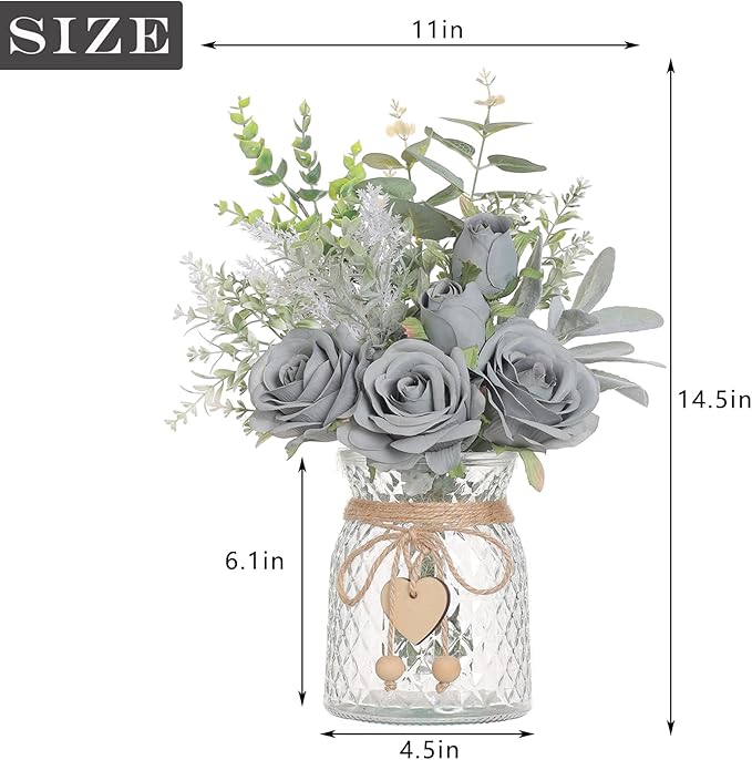 Faux Flowers with Vase,Artificial Silk Roses in Vase, Fake Plant Eucalyptus Flower Arrangement for Home Office Farmhouse Bathroom Dining Table Centerpiece Decorations Coffee Table Decor (Grey Blue)