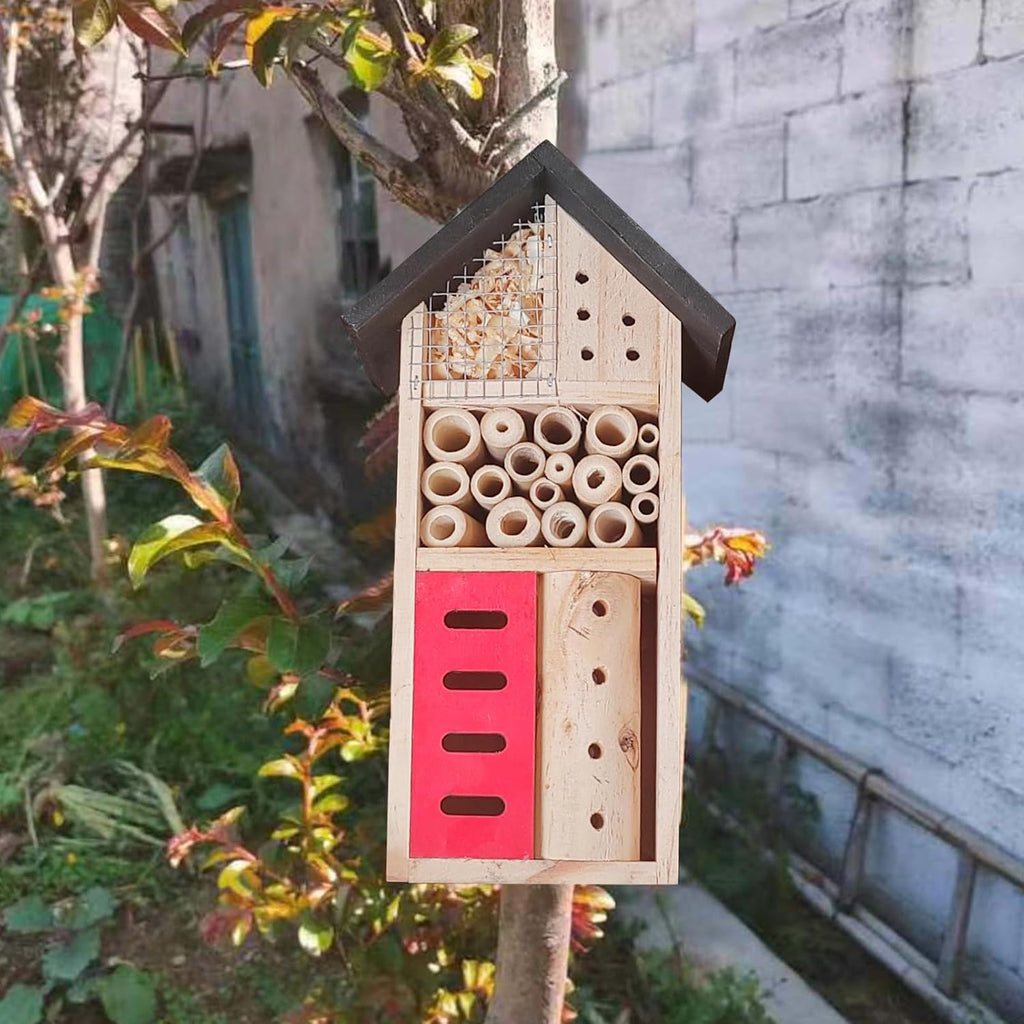 Insect Hotel Hanging Bee House Wooden Insect House, Natural Habitat for Beneficial Bees, Bugs, Butterflys, Ladybirds Garden Yard Home