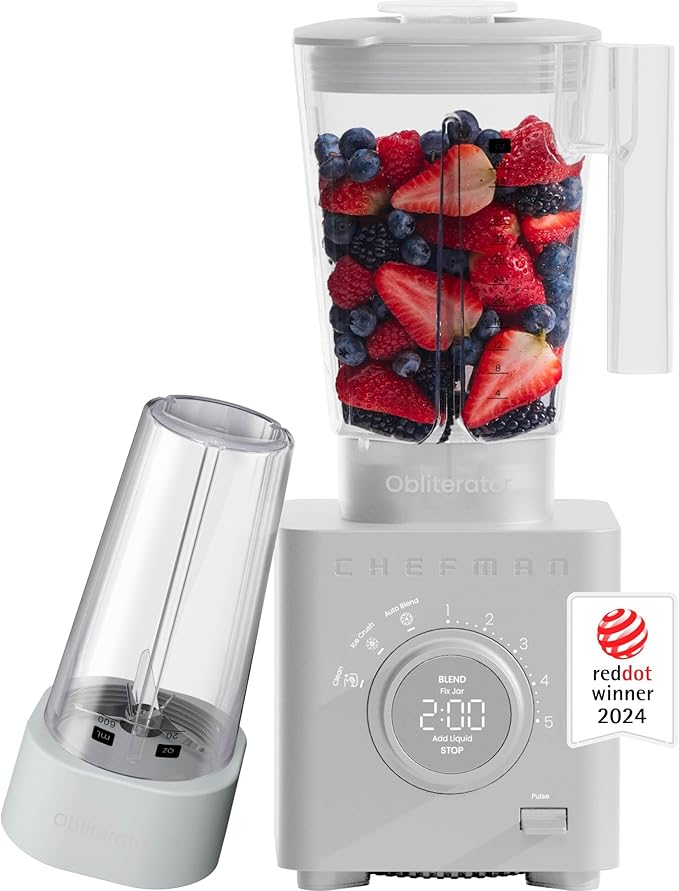 Chefman Obliterator 48 oz Countertop Blender for Smoothies, 1380W Motor to Crush Ice, Nuts, and Frozen Fruit with Stainless Steel Blade, Auto Blend Function, Includes 20 oz Travel Jar - Concrete