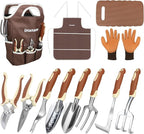 Brown Gardening Tools Set 12-Piece, Garden Hand Tool Kit with Non-Slip Ergonomic Handle, Storage Tote Bag, Garden Apron, Gloves and Kneeling Pad, Gardening Gifts for Women Men Plant Lover
