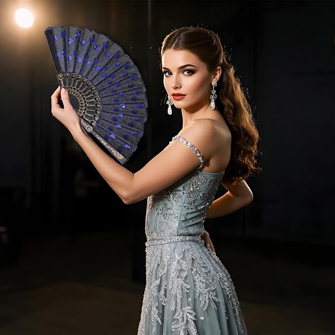 QIRMIZI 10 Pack Fabric Folding Handheld Fans, Perfect for Weddings, Parties, and Dancing,Royal Blue
