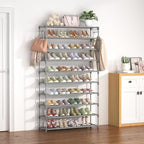 10 Tiers Shoe Rack 50 Pairs Large Capacity Tall Shoe Organizer Sturdy Shoe Storage with Two Hooks Space Saving Metal Wide Shoe Rack for Closet, Entryway, Bedroom, Grey