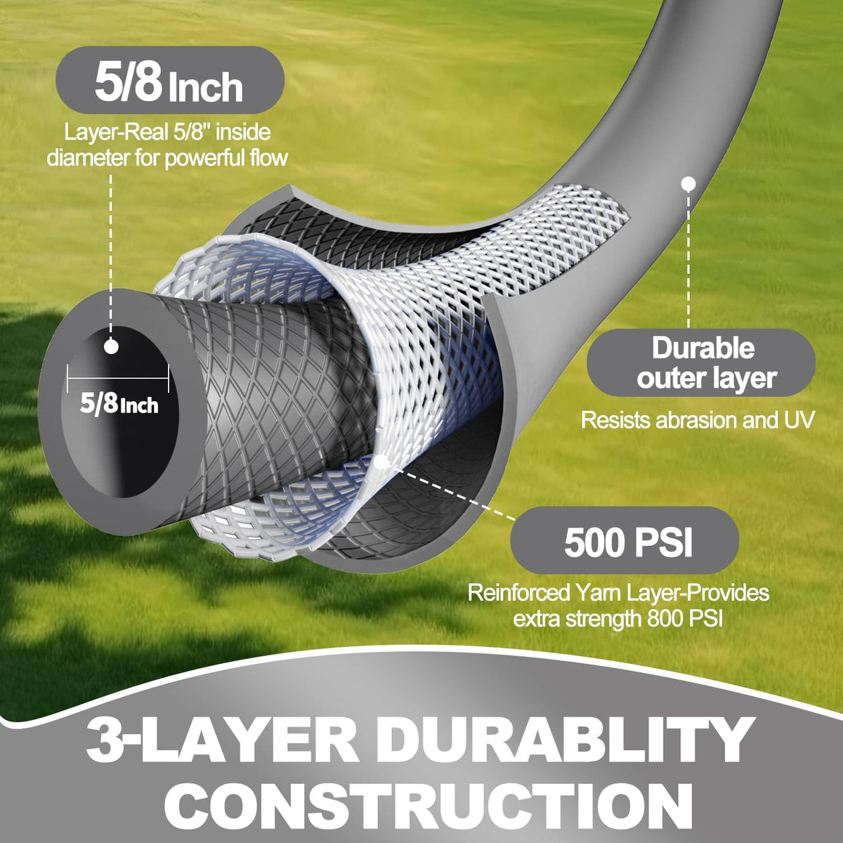 YOTOO Heavy Duty Hybrid Garden Water Hose 5/8-Inch by 50-Feet 150 PSI Kink Resistant, Flexible with Swivel Grip Handle and 3/4" GHT Solid Brass Fittings, Gray