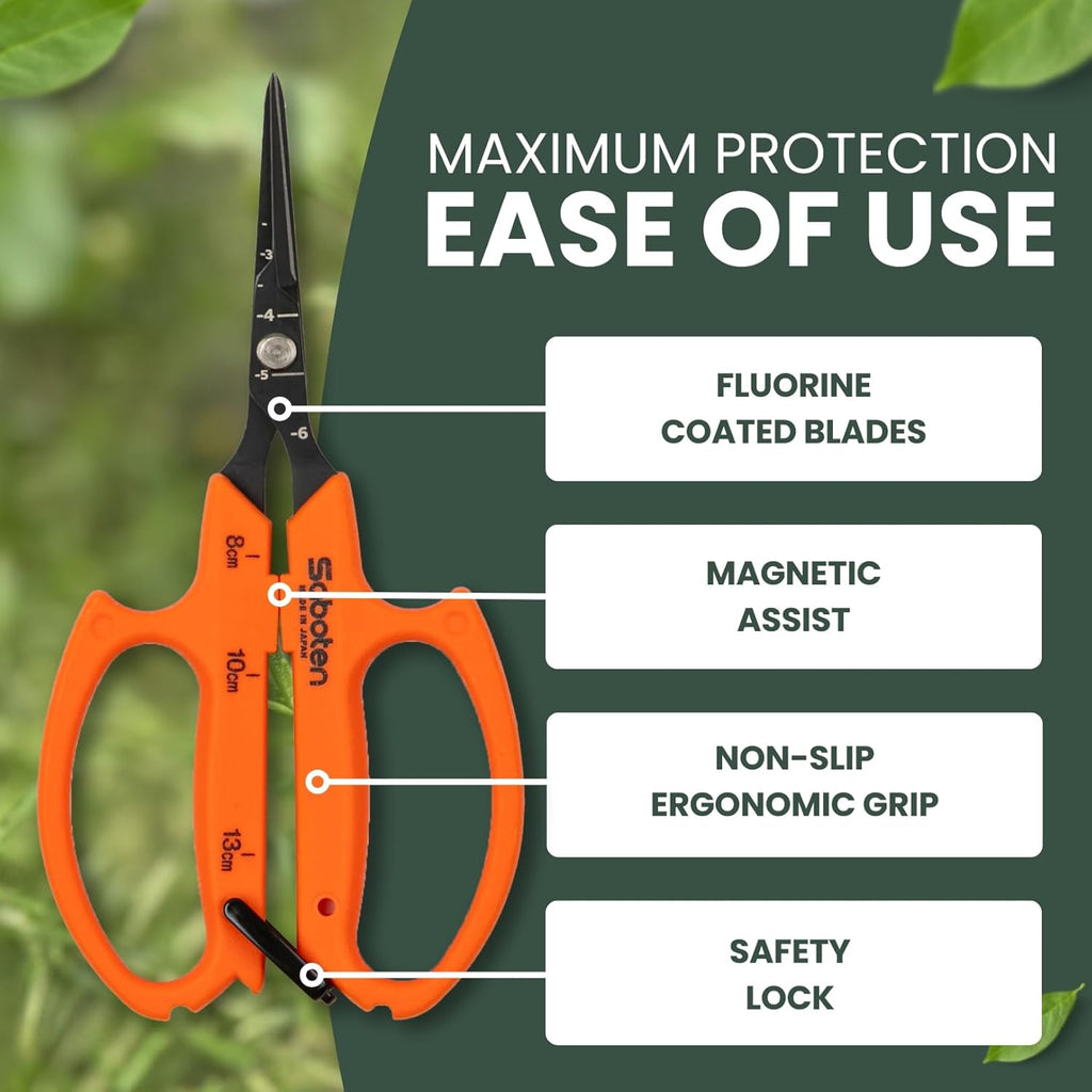Saboten Japan 6.3" Automatic Japanese Harvesting Shears - Fine-Tipped Angled Blade, Magnetic Springless Action, Stainless Steel with Fluorine Coating, Ergonomic Grip - forest Originals, Made in Japan