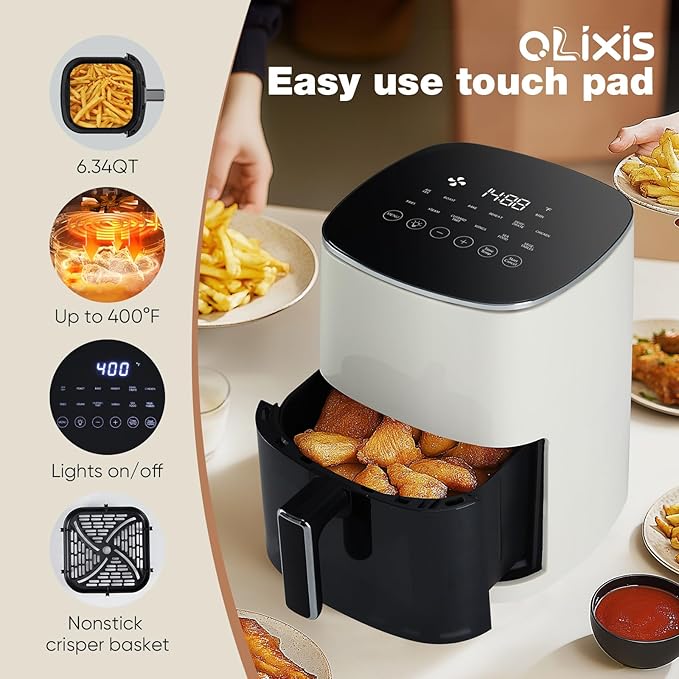 OLIXIS Air Fryer 6 Quart with Window Square Air Fryer 12-in-1 Air Fry, Roast, Reheat, Dehydrate, Bake, Steam, Fries, Custard, Chicken, Wings, Sea Food, Vegetabels,400F Beige