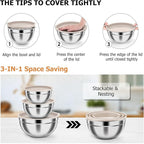 TeamFar Mixing Bowls, Stainless Steel Nesting Salad Bowls with Airtight Lids Set, For Serving/Mixing/Storing, Rust-proof & Heavy Duty, Dishwasher Safe, Set of 3-4.6/3 / 1.5 QT, Khaki