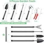 Garden Tools Set 5 Piece with Extended Handle, Heavy Duty Garden Tools Set, Ideal Gardening Tool Kit Gifts for Parents and Kids Including Trowels, Hand rake, Weeder, Pruning Shears